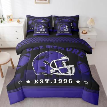 Imagem de Jogo de cama solteiro com 7 peças, futebol americano, cidade de futebol americano, rubi em uma bolsa com lençol de cima e elástico, jogo de cama com lençol de cima e lençol com elástico, roxo