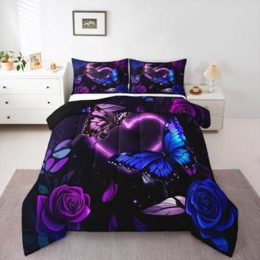 Imagem de jejeloiu Lindo conjunto de edredom casal com estampa de borboletas, para crianças, meninos, meninas, animal, edredom para decoração de quarto, microfibra, 3 peças com 2 fronhas