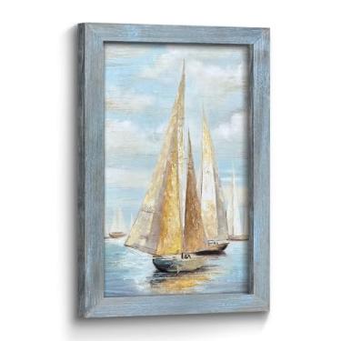 Imagem de Arte de parede de veleiro náutico oceânico: rústico costeiro de madeira emoldurado barco marítimo textura impressão de pintura praia beira-mar paisagem relaxante arte para sala de estar quarto