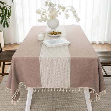 Imagem de KAIJIE Toalha de mesa retangular de primavera verão estampa quadriculada estilo nórdico toalha de mesa de algodão e linho para refeições tapete de mesa 140 x 300 cm cor café