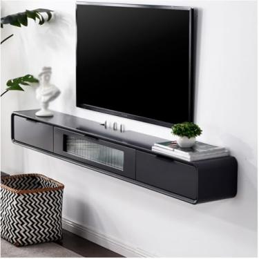 Imagem de Suporte De Tv, Móvel De Tv Flutuante Com 2 Gavetas E Porta De Vidro, Centro De Entretenimento Montado Na Parede De 62,9'', Armário De Tv De Sala De Estar Com Armazenamento, Black, 160cm