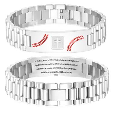 Imagem de KLIFOWDY Pulseiras de beisebol de aço inoxidável para homens, pulseiras cruzadas, versículo bíblico gravado, pulseira masculina, joias cristãs, presentes, First Communion, Sem Pedra Preciosa