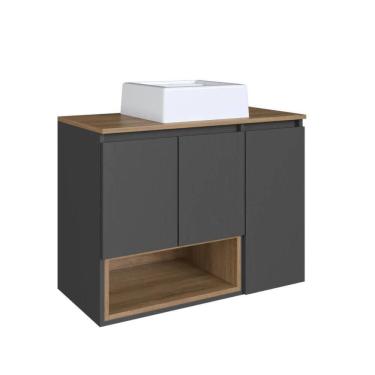 Imagem de Gabinete Suspenso 80cm Cecília Mel Grafite Porta Cuba Branca Em Mármore Sintético e Nicho De Banheiro