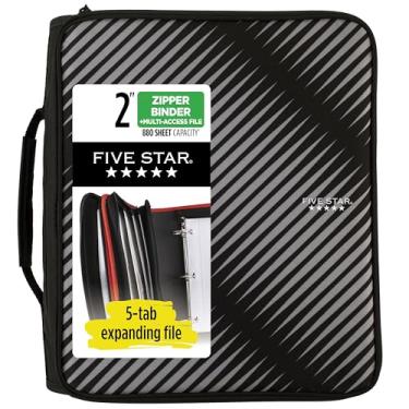 Imagem de Five Star Fichário com zíper, 5 cm, fichário de 3 anéis para escola, arquivo expansível de 6 bolsos, capacidade de 380 folhas, preto (72536)
