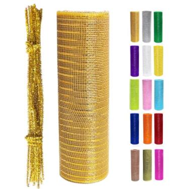 Imagem de Rolo de fita de malha decorativa metálica dourada 25,4 cm x 9,1 m (10 jardas) para árvore de Natal, grinaldas, grinaldas, guirlandas, decorações de fim de ano com glitter para embrulho de presente
