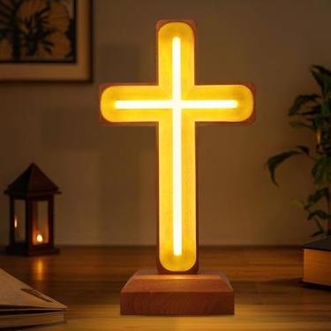 Imagem de Lâmpada cruzada de madeira feita à mão para decoração espiritual de casa e presente, placa neon cruzada com luz quente alimentada por USB para cabeceira, espaços de oração, Natal, casamentos, batismo