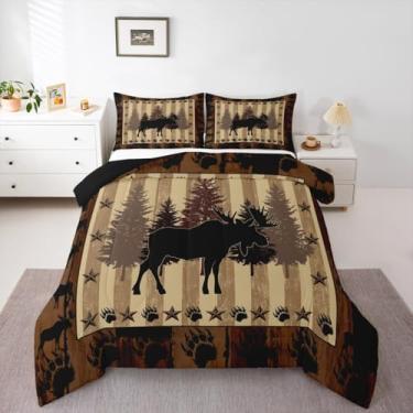 Imagem de jejeloiu Conjunto de edredom infantil, tamanho king, alce, veado, casa de fazenda, animais selvagens, urso, patas, cabana rústica, madeira, floresta ocidental, vida selvagem, edredom para decoração de