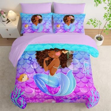 Imagem de AILONEN Jogo de cama Queen com estampa de sereia fofa, tamanho Queen, para meninas pequenas, negras, com escala de roxo oceano, edredom e lençol de cima, 2 fronhas, 2 fronhas