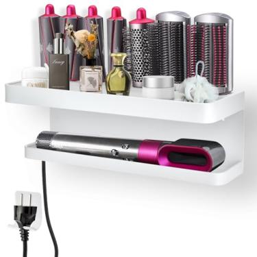 Imagem de Suporte de parede para secador de cabelo Dyson Airwrap sem perfuração 2 em 1 suporte para Dyson Airwrap fácil armazenamento estético Dyson suporte de parede e organizador feito de durável (branco)