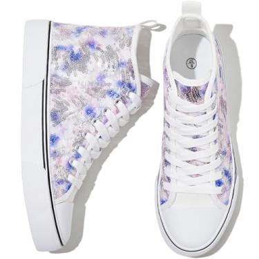 Imagem de kufeiti Tênis feminino de lona de cano alto com cadarço branco preto tênis casual caminhada, Orquídea radiante, 36