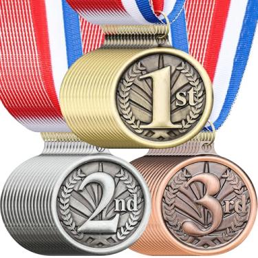 Imagem de RoundFunny 24 medalhas de prêmio 1º 2º 3º lugar medalhas para vencedores de prêmios medalhas ouro prata bronze com fita de pescoço troféu prêmio para competições esportivas festa 5 centímetros