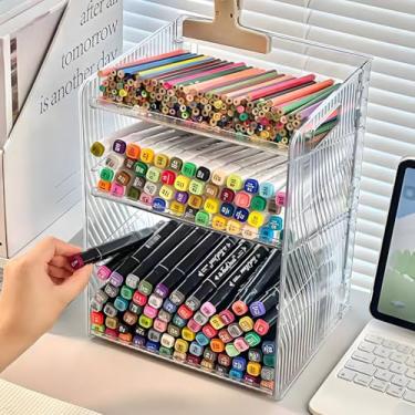 Imagem de Organizador de mesa de acrílico transparente, suporte de armazenamento de materiais de arte, suporte de exibição de 3 camadas com divisórias, organização de maquiagem para escola, casa, material de