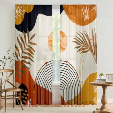 Imagem de Cortinas coloridas boho meados do século moderno cortinas com filtro de luz 132 x 182 cm folhas abstratas retrô arco-íris cortina de sala de estar 2 peças cortinas geométricas divertidas cortina de