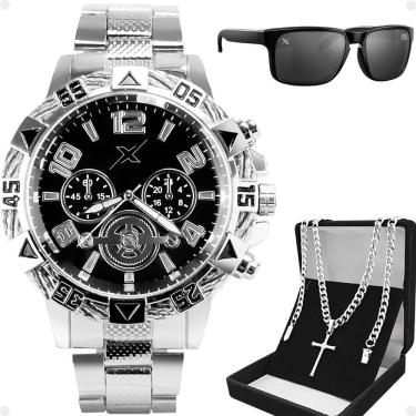 Imagem de Relogio Masculino Prata + Oculos Sol + Cordão Cruz Crucifixo Ponteiro Robusto Social Prata Presente