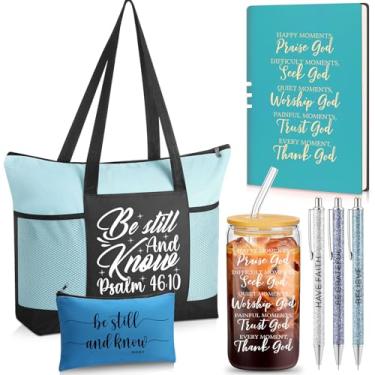 Imagem de Shinylin Conjunto de 7 peças de presente cristão para mulheres, presentes inspiradores com copo de vidro, bolsa de maquiagem, caneta para notebook (azul)