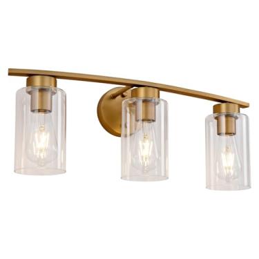 Imagem de Luminária de banheiro dourada escovada de 22,4 polegadas, luminária moderna de 3 luzes sobre o espelho, arandelas de parede de banheiro para espelho sala de estar quarto corredor, persiana de vidro