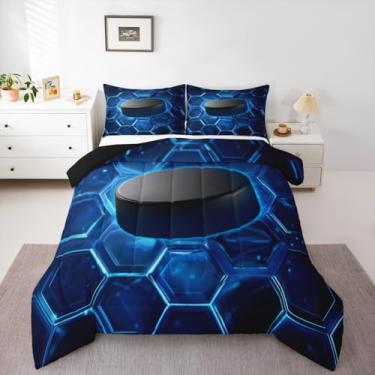 Imagem de jejeloiu Conjunto de edredom casal de hóquei no gelo, esportes no gelo, para crianças, meninos, meninas, colmeia de mel, decoração de quarto, microfibra, 3 peças com 2 fronhas