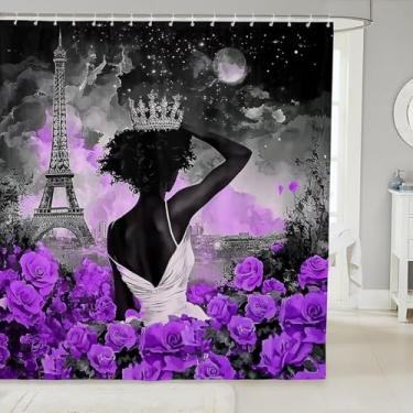 Imagem de Erosebridal Conjunto de cortina de chuveiro para meninas negras afro-americanas, pares roxos, decoração de banheiro da Torre Eiffel para meninas e crianças, conjunto de banheiro floral rosa roxa