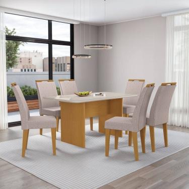 Imagem de Mesa Cairo 160x90cm Tampo Mdf e Vidro com 6 Cadeiras Evora Nature/Bege/Off White