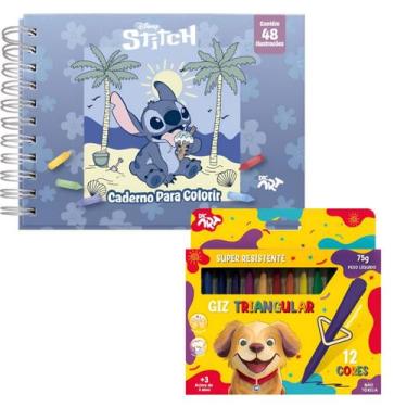 Imagem de Kit caderno para colorir Stitch com giz de cera 12 cores - DAC