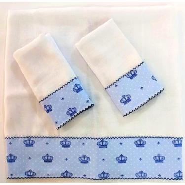 Imagem de Kit 3 Fraldas Bebê Menino 2 Boca 1 Ombro Barra Estampada Coroa Azul - 