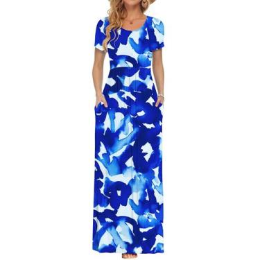 Imagem de Vestido longo AUSELILY feminino de manga curta solto azul liso M