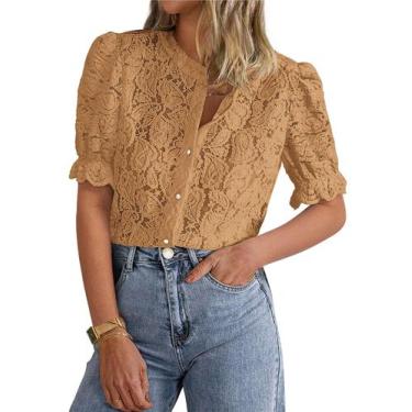 Imagem de Blusa feminina PRETTYGARDEN com ilhós de botão, renda cáqui