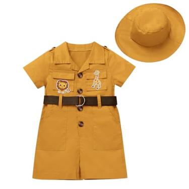 Imagem de IDOPIP Conjunto de roupas de safári para bebês, meninos, meninas, selva, macacão + chapéu, conjunto de roupas para festa de aniversário de verão e Halloween, macacão para sessão de fotos, macacão com