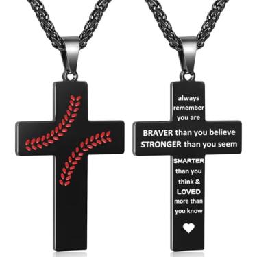 Imagem de Colar masculino com cruz de beisebol, versículo bíblico, pingente, presente para aniversário, Natal, batismo, cristão, religioso, acessórios de beisebol, presentes, Small, Aço inoxidável, Sem Pedra