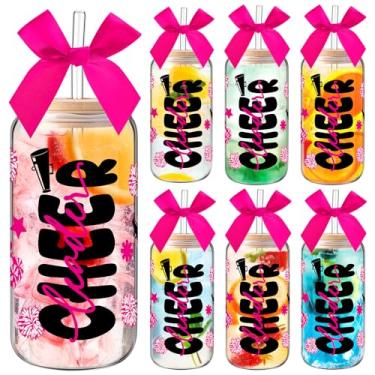 Imagem de LemonRoad 6 conjuntos de copos de vidro para líderes de torcida com laço, garrafas de água de torcida de 473 ml, copo para líderes de torcida com tampas e canudos, garrafas de vidro transparentes