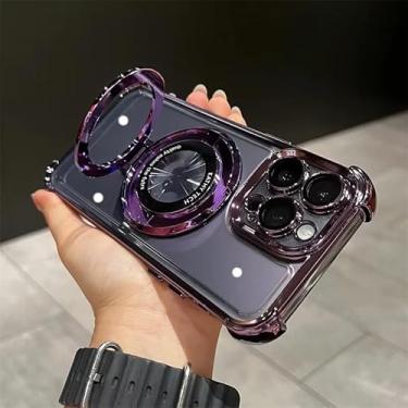 Imagem de Capa com suporte para iPhone 16 Pro Max, revestimento transparente, capa magnética com airbag para iPhone 11, 12, 13, 14, 15, 16 Pro Max (para iPhone 12 Pro/CD roxo)