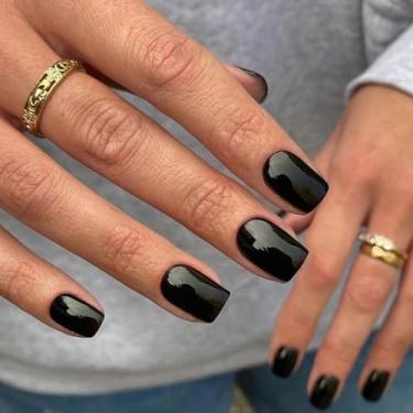 Imagem de Pregos pretos quadrados curtos, unhas de gel natural, cola nas cores do outono 2025, unhas de acrílico modernas, sobretudo protetor reutilizável, unhas postiças curtas, 24 peças