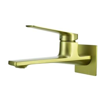 Imagem de Torneira de banheiro moderna para montagem na parede – ouro escovado, alça única de latão sólido com aerador flip (2 modos de fluxo), válvula áspera para instalação oculta