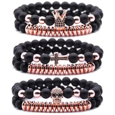 Imagem de HYHONEY Pulseira de contas micro pavê de zircão coroa rei 8 mm para homens e mulheres pulseira de casal preto natural fosco ônix contas de hematita elástico ajustável, One Size, Pedra, Zircônia