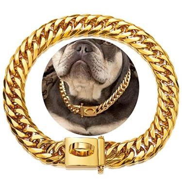 Imagem de W/W Lifetime Coleira de cachorro com corrente de ouro 16 mm de ouro 18 K com fivela de pressão segura coleira de metal para Pitbull pequeno (16 mm, 45 cm)
