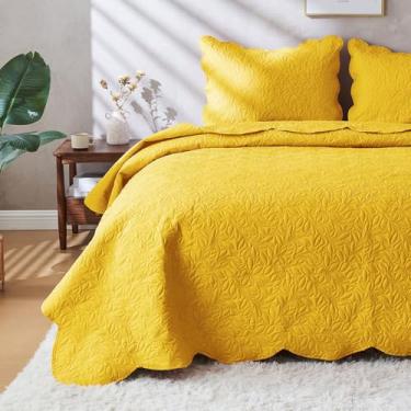 Imagem de JYHOPE Conjunto de edredom amarelo queen/casal, leve para o verão, macio e respirável para todas as estações, resistente a manchas, estilo boêmio, 1 colcha e 2 fronhas