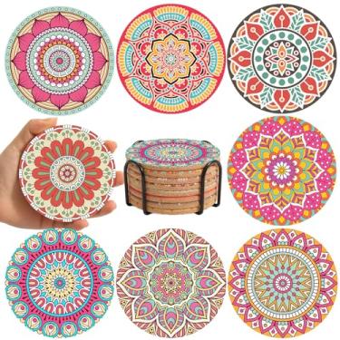 Imagem de Conjunto de 8 porta-copos de cortiça, porta-copos coloridos com suporte, porta-copos fofos para mesa de centro, decoração boho para apartamento, casa, bar, presentes boho para mulheres (Mandala 3)