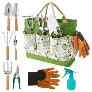 Imagem de WhSunVo 9 ferramentas de jardinagem conjunto de ferramentas de jardim de aço inoxidável com alças de madeira antiderrapantes ferramentas práticas de jardim com bolsa de armazenamento para mulheres e
