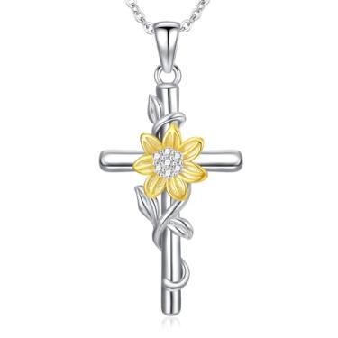 Imagem de Dralox Colares de cruz para mulheres, presentes de aniversário para mulheres, Wife You Are My Sunshine, colar com pingente de girassol para casamento e mãe de Natal 50,8 cm