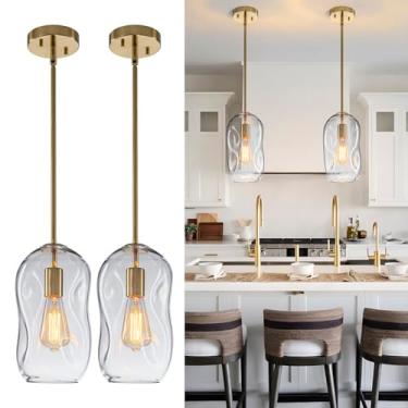 Imagem de Conjunto de 2 luminárias pendentes de cozinha sobre a ilha, conjunto de 2 luminárias pendentes de vidro dourado, vintage, 1 luminária com 29 cm de altura, cúpula de vidro orgânico transparente para