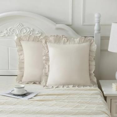Imagem de Merryword Fronhas bege 45,7 x 45,7 cm, pacote com 2 fronhas decorativas de microfibra macia com babados para sofá, quarto