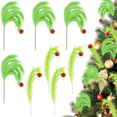 Imagem de 8 peças de topo de árvore de Natal, enfeite de árvore de Natal verde limão de 43 cm, palhetas de Natal peludas verdes com bola vermelha para guirlanda de árvore de Natal, decorações de artesanato