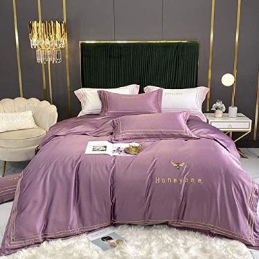 Imagem de AKALNNB Conjunto de roupa de cama europeu cor sólida bordado seda lavada conjunto de quatro peças dupla face seda gelo tencel kit de dormir nu presente-B_1,5/1,8 m cama quatro peças colcha enseada