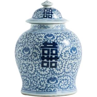 Imagem de AKALNNB Vaso de cerâmica de gengibre de tradição chinesa com tampa azul e branco, jarra de porcelana com estampa de felicidade, com tampas, vasos de flores para sala de estar