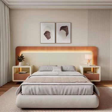 Imagem de Cabeceira Casal Queen com 2 Mesas de Cabeceira Led 3000k e Tomadas 100