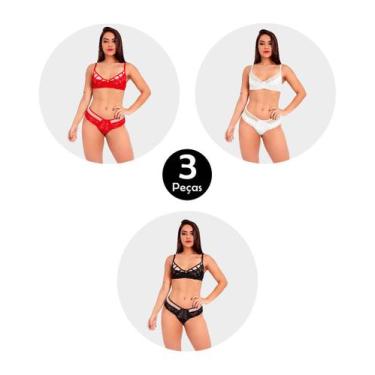 Imagem de Kit 3 Conjunto IMI Lingerie Sem Bojo Em Renda E Tule Fio Duplo Beautif
