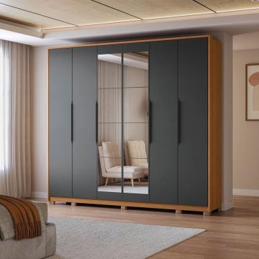 Imagem de Guarda-roupa 6 Portas e 4 Gavetas com Espelhos e Pés Dormitorio Open Canela/Grafite