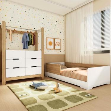 Imagem de Quarto Infantil Completo Guarda-Roupa Closet e Cama Solteiro Montessoriana Olivia e Mark Branco/ Louro Freijó Grann