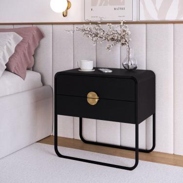Imagem de Mesa de Cabeceira 60cm 2 Gavetas Orgânica Pé Metal Luna Nero/Preto