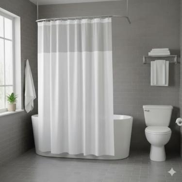 Imagem de Cortina de Banheiro para Box Lisa com Visor Transparente Antimofo e Ganchos Inclusos (Branca)